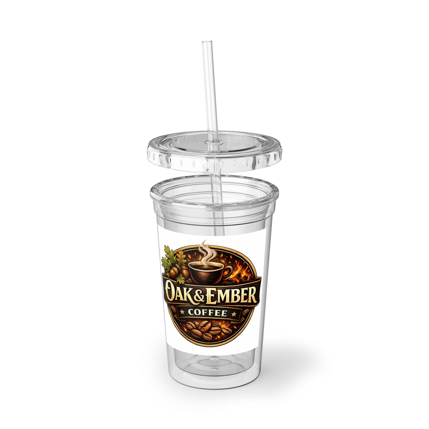 Oak & Ember Coffee Acrylic Tumbler — Clear Reusable Cup with Straw (16oz)