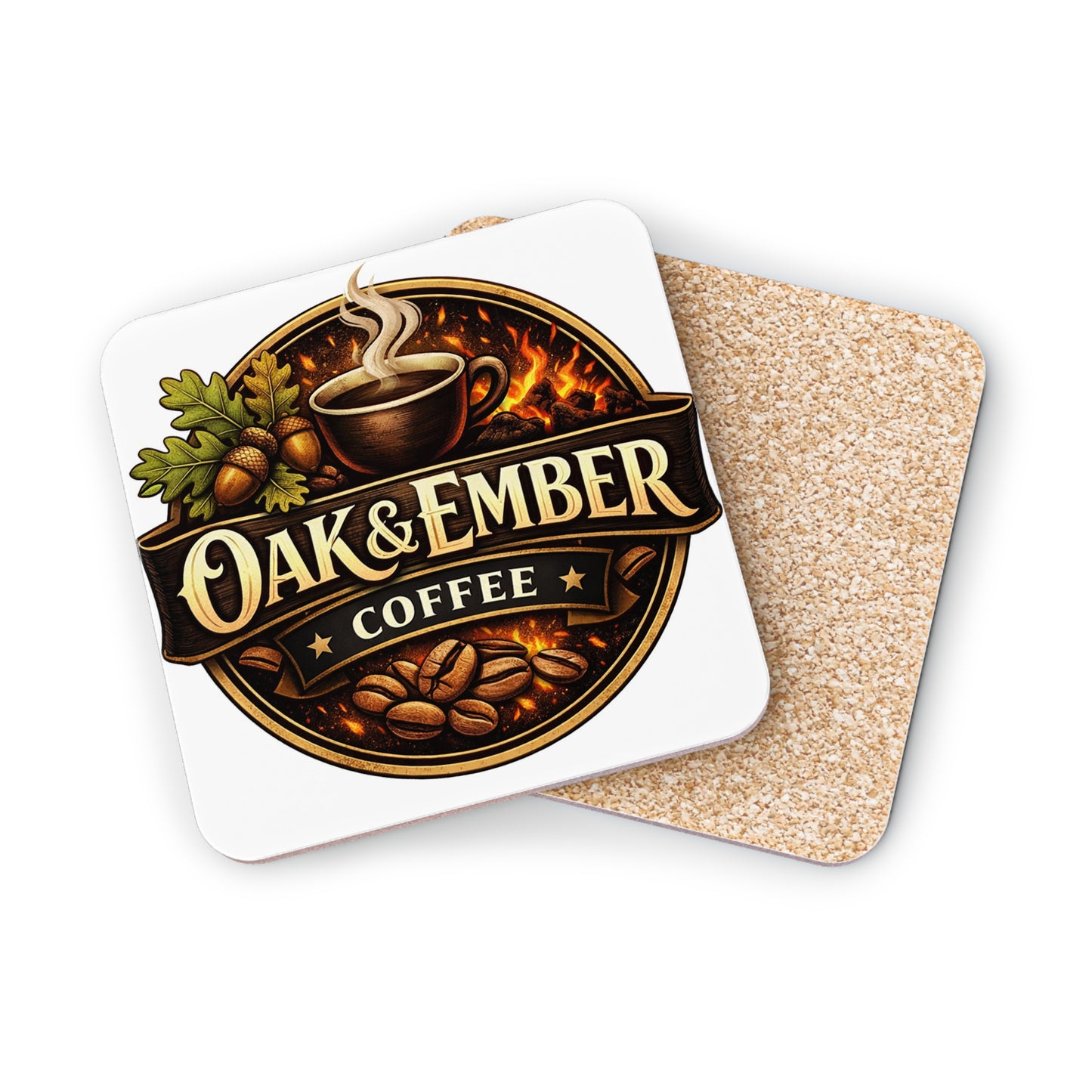 Coaster with 'Oak & Ember Coffee' logo on a white background