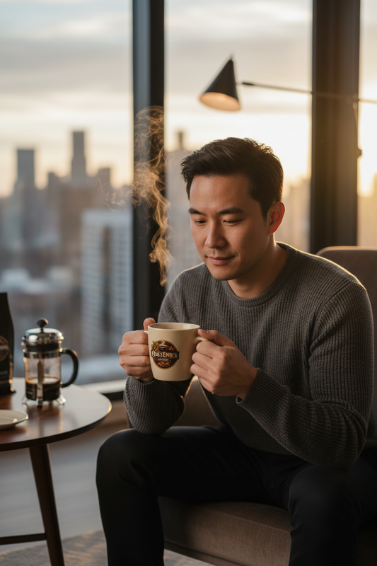 Asian man calm & focused with Oak & Ember mug ☕🌏