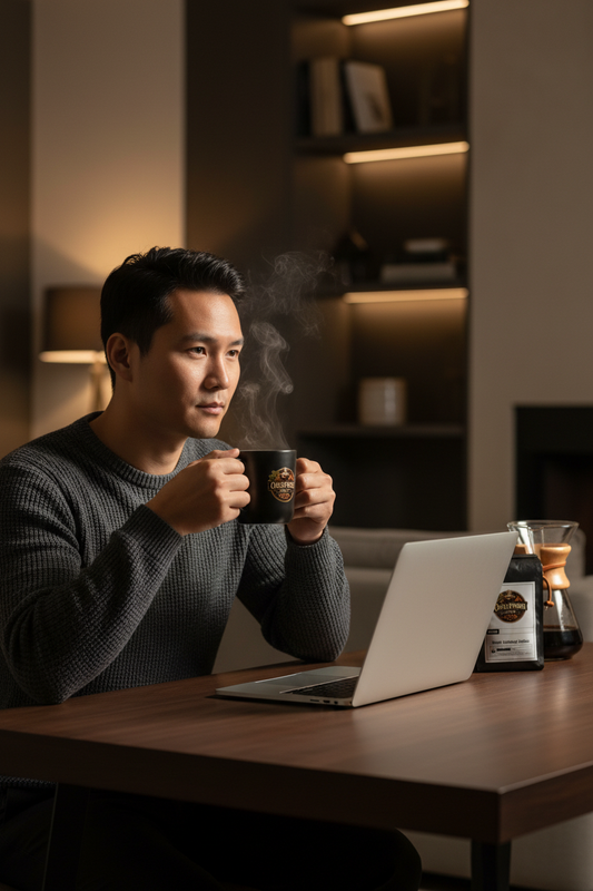 Asian man focused at desk with Oak & Ember branded mug ☕