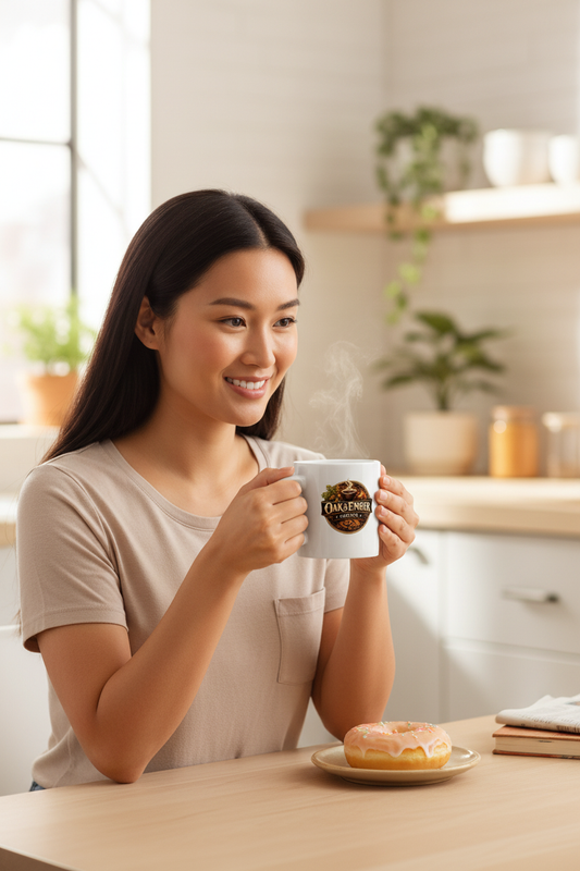 Asian woman radiant on weekend morning with Oak & Ember mug & donut ☕🍩