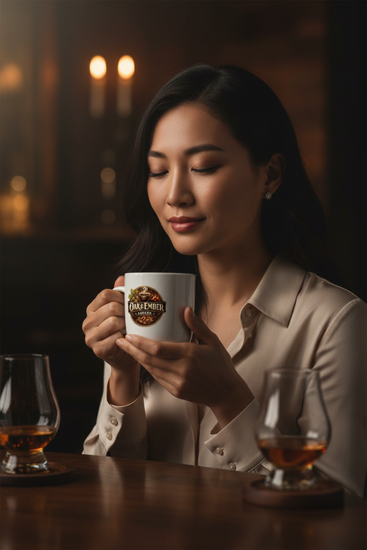 Asian woman savoring Whiskey Barrel Aged with Oak & Ember mug 🥃☕