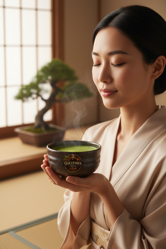 Asian woman serene & mindful cradling chawan bowl of ceremonial matcha 🍵