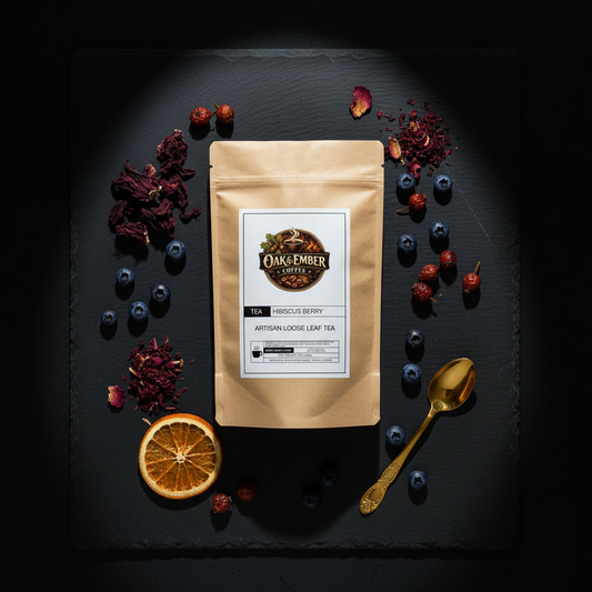 Bag with crimson hibiscus, blueberries & gold spoon