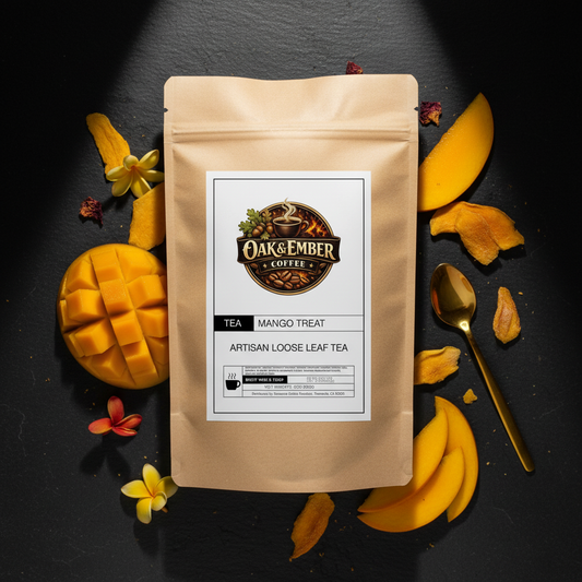 Bag with fresh mango slices & tropical flowers