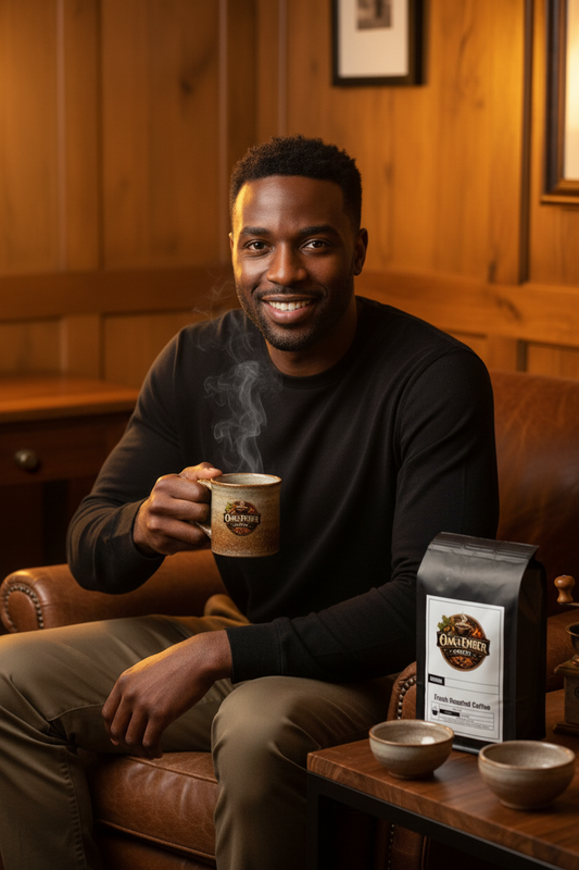 Black/African American man bold & confident with Oak & Ember mug 🤠☕