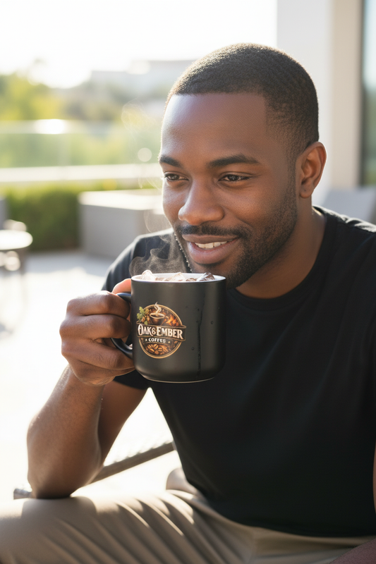 Black/African American man cool & relaxed with Oak & Ember cold brew ☕🧊