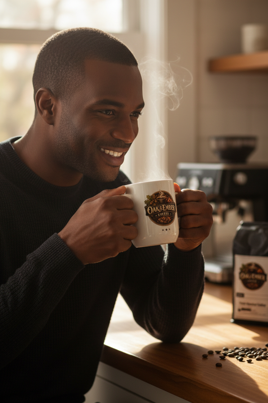 Black/African American man smiling with Oak & Ember branded mug ☕