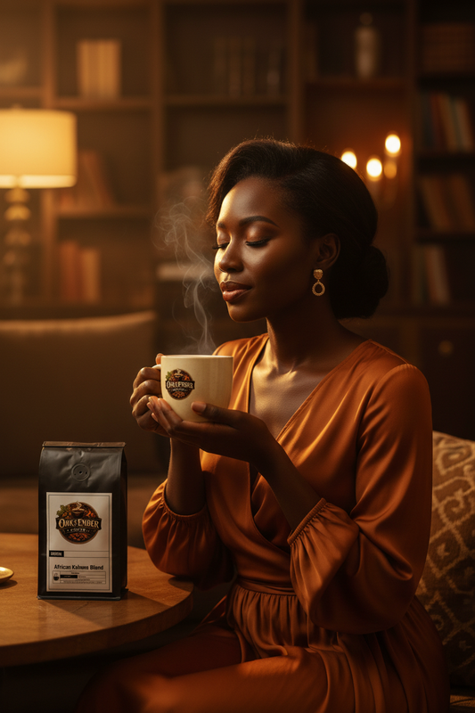 Black/African American woman elegant & radiant savoring Kahawa Blend ☕🌍