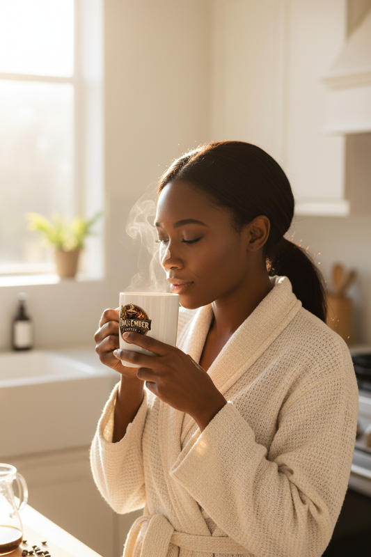 Black/African American woman peaceful & radiant first sip of the morning ☕🌅