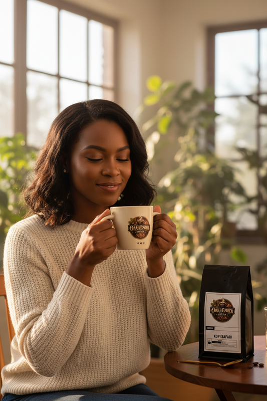 Black/African American woman radiant with Oak & Ember branded mug ☕
