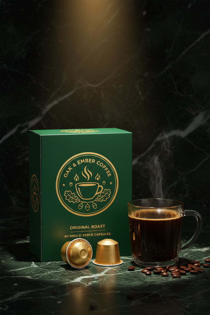 Hero portrait — capsule box with 3 capsules & steaming cup