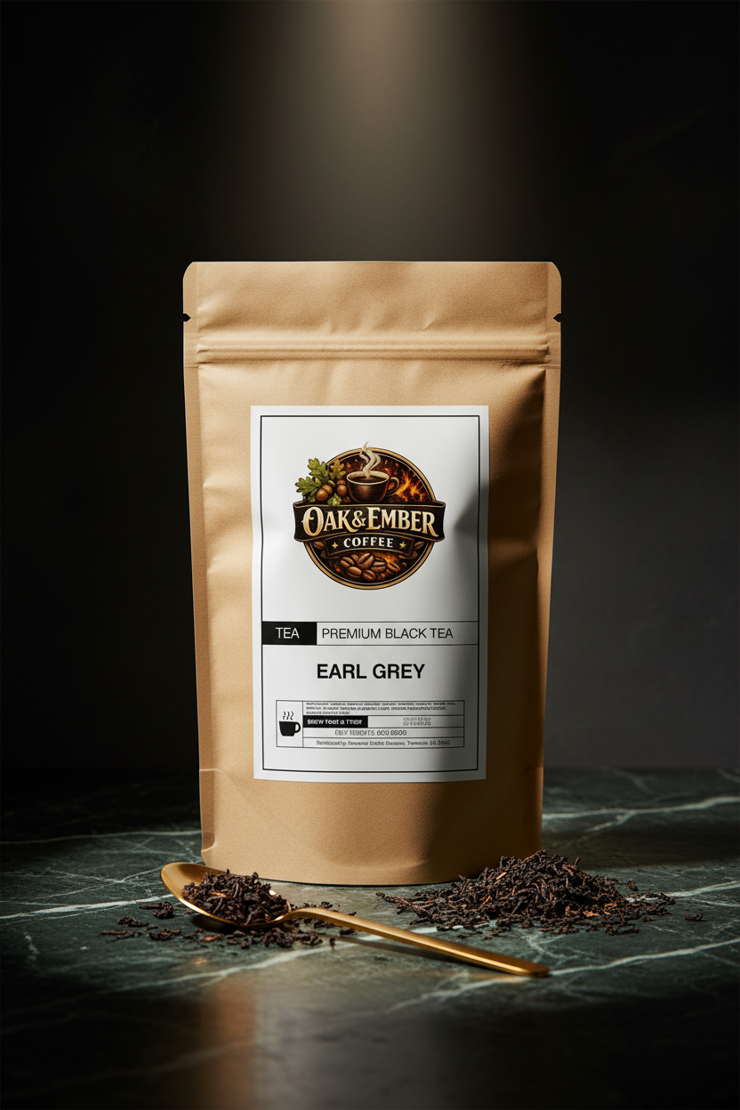 Hero portrait with black tea leaves & gold spoon