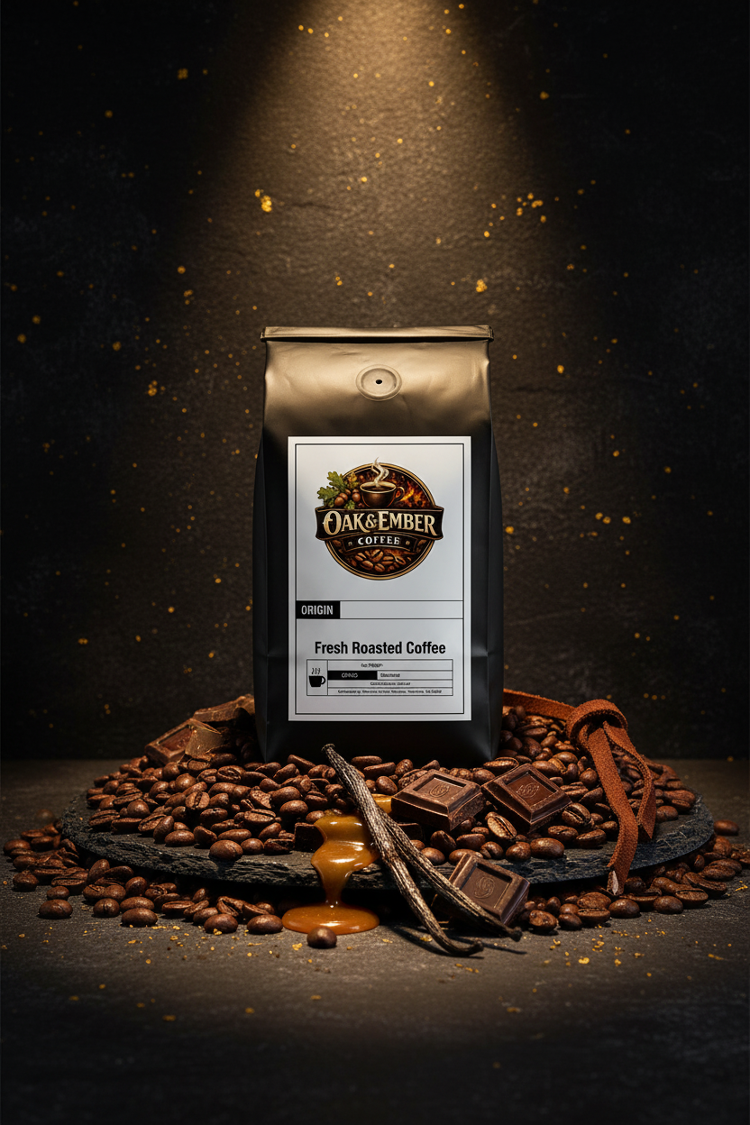 Hero portrait with chocolate, caramel, vanilla bean & leather cord