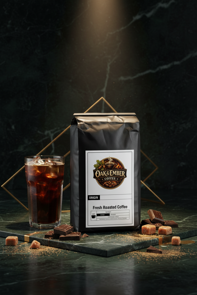 Hero portrait with cold brew glass, chocolate & toffee at base