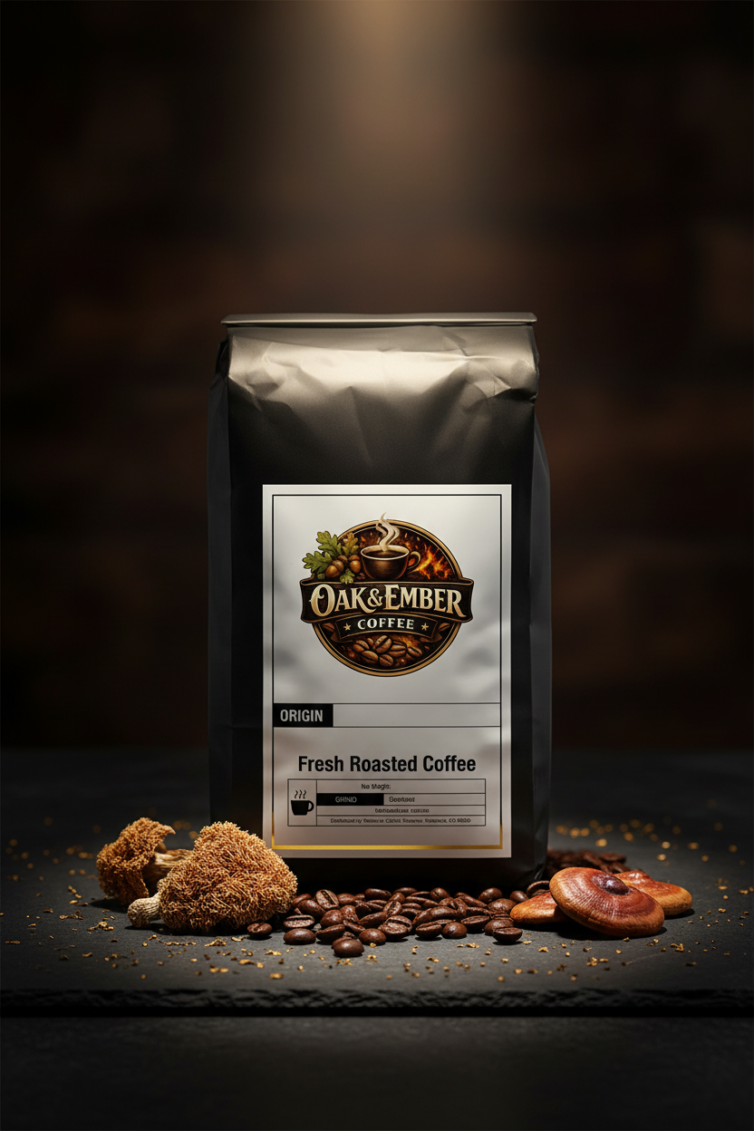 Hero portrait with dark beans, Lion's Mane & Reishi at base