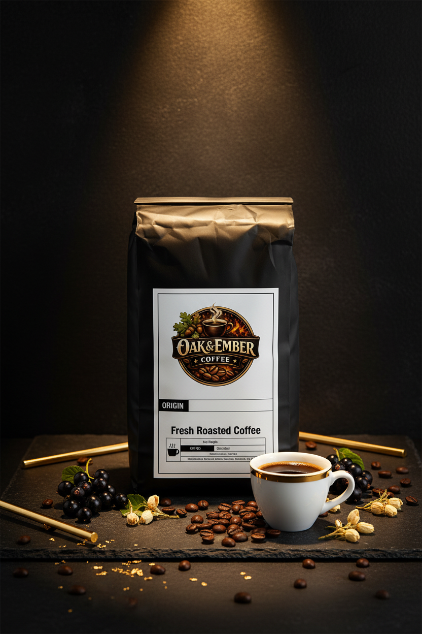 Hero portrait with espresso shot, blackcurrants & jasmine flowers
