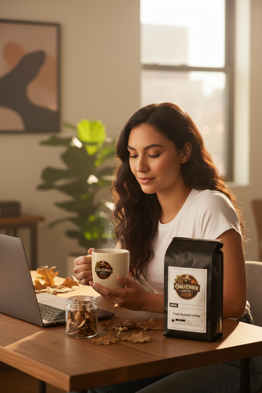 Hispanic/Latina woman centered & focused with Oak & Ember mug ☕