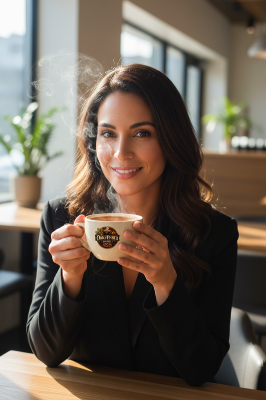 Hispanic/Latina woman vibrant & delighted with Oak & Ember mug ☕🌍