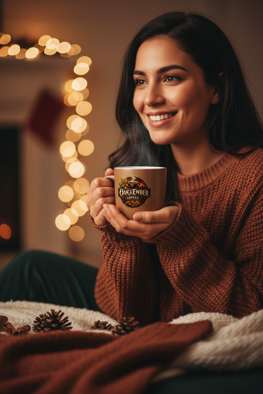 Hispanic/Latina woman warm & joyful with Oak & Ember holiday mug 🎄☕