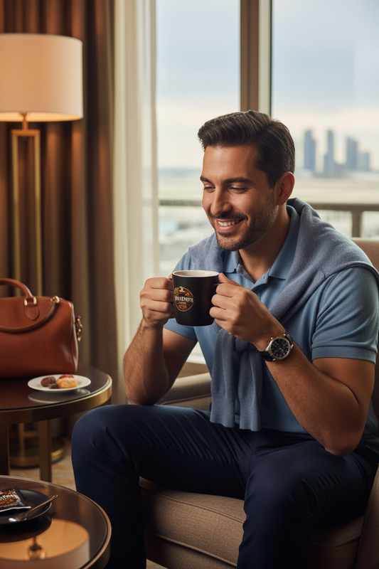 Hispanic/Latino man enjoying Oak & Ember instant coffee on the go ☕