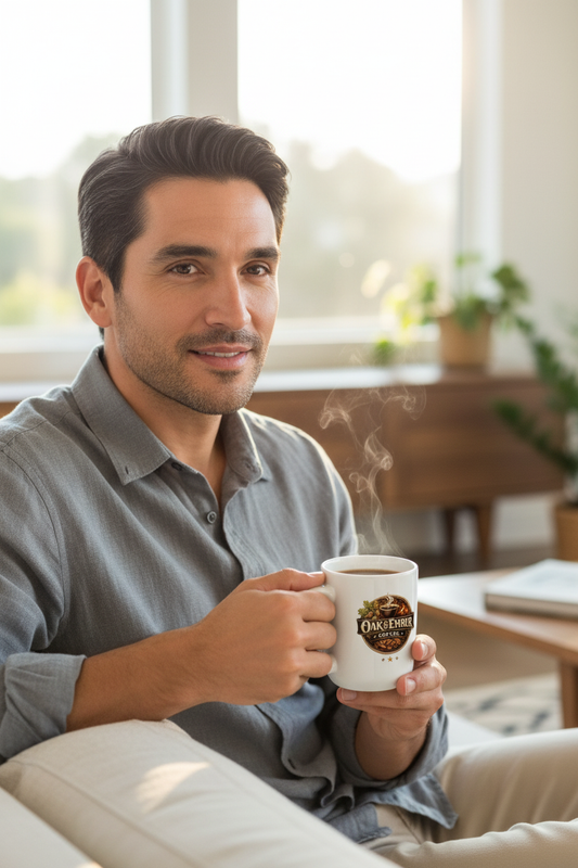 Hispanic/Latino man warm & content with Oak & Ember mug ☕🌿