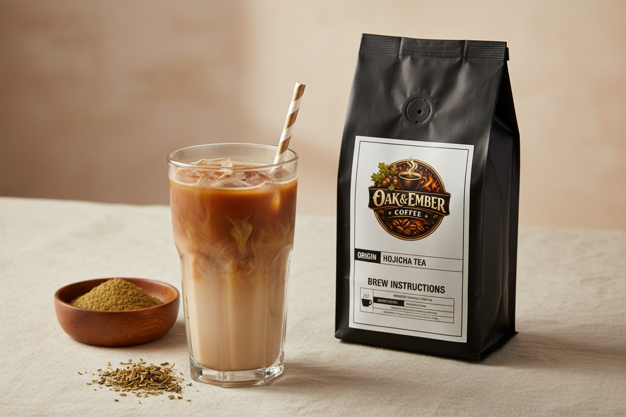 Iced hojicha latte with oat milk swirl