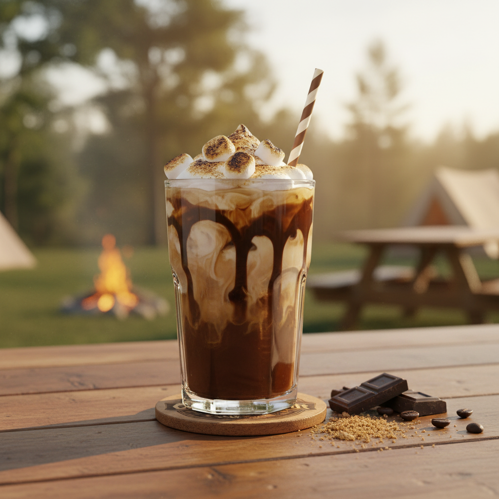 Iced s'mores coffee with marshmallow & drizzle