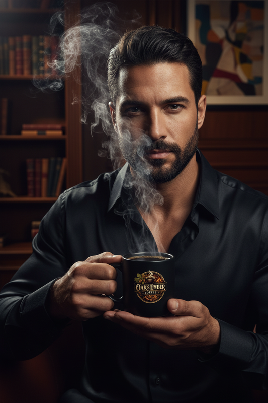 White/mixed-race man bold & confident with Oak & Ember mug 🔥☕
