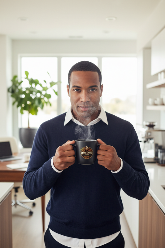 White/mixed-race man energized & sharp with Oak & Ember mug ☕⚡