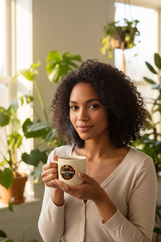 White/mixed-race woman warm & content with Oak & Ember mug & lush plants ☕🌿