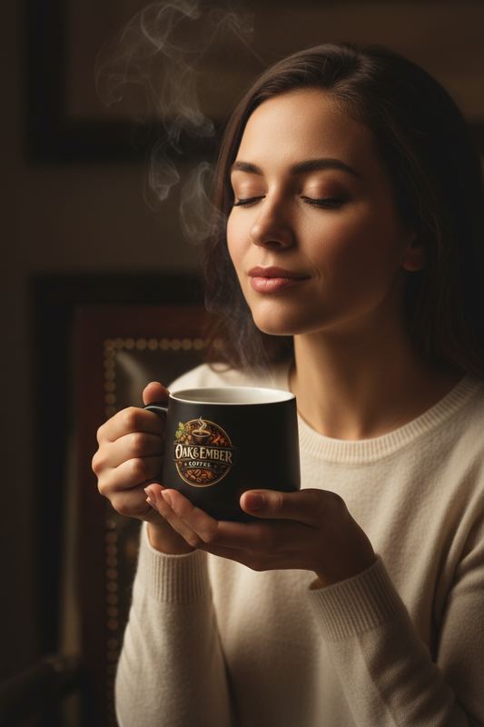 Woman inhaling steam from Oak & Ember branded mug ☕