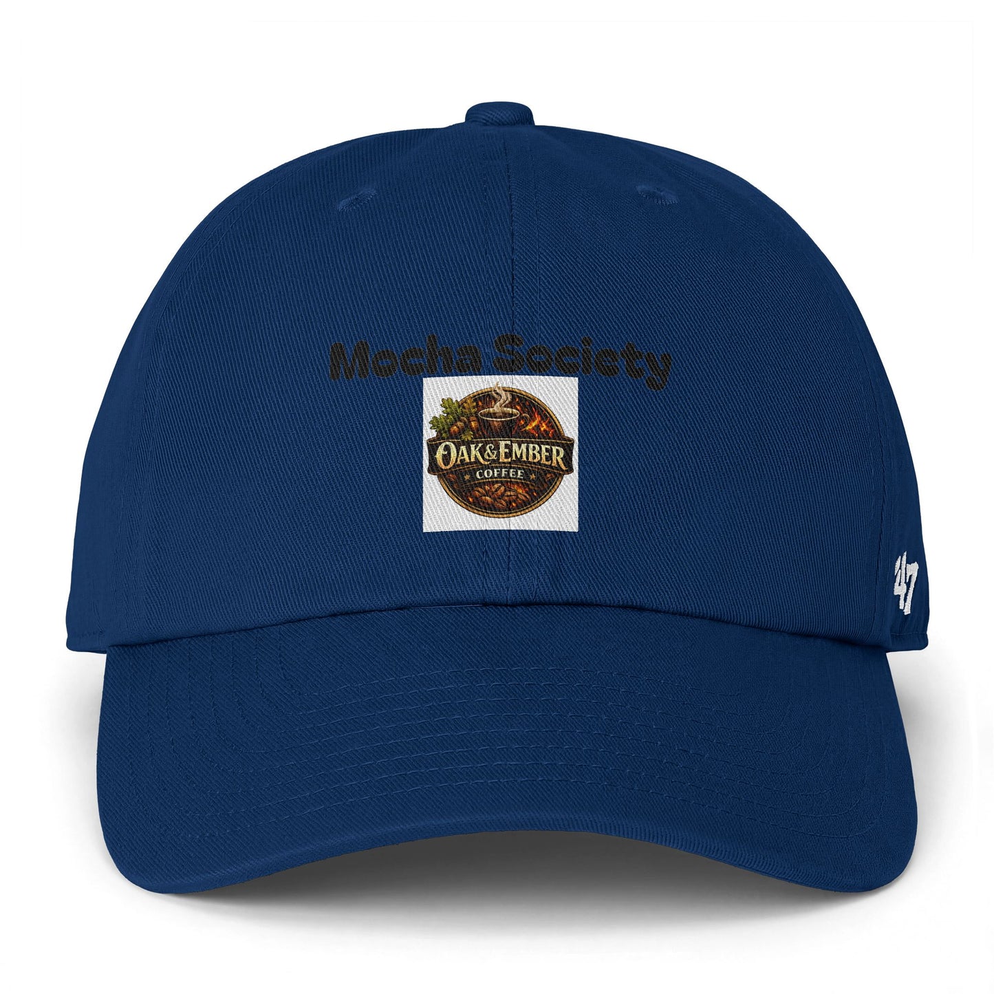 Blue cap with 'Mocha Society' and 'Oak & Ember Coffee' logos on a white background