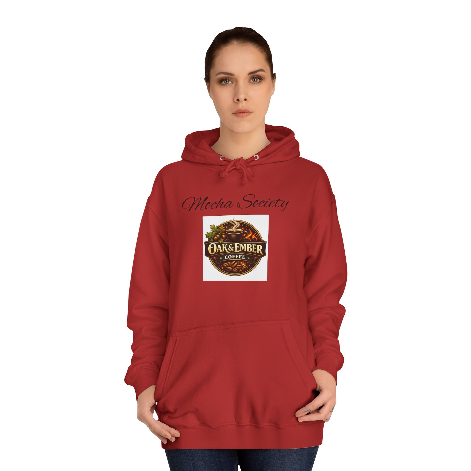 Red hoodie with 'Broke and Dreamin'' text worn by a person on a white background