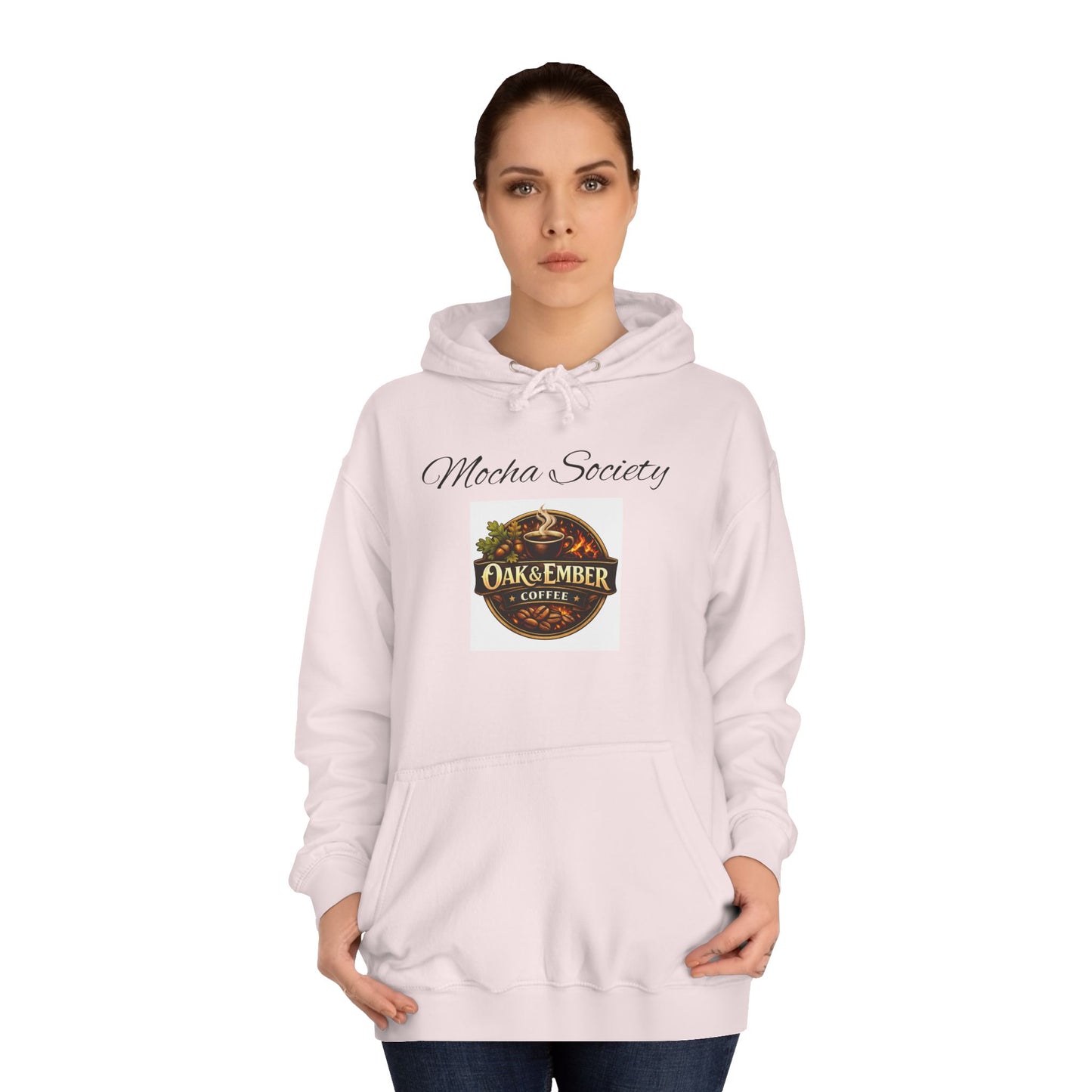 Person wearing a white hoodie with a graphic design and text on a white background