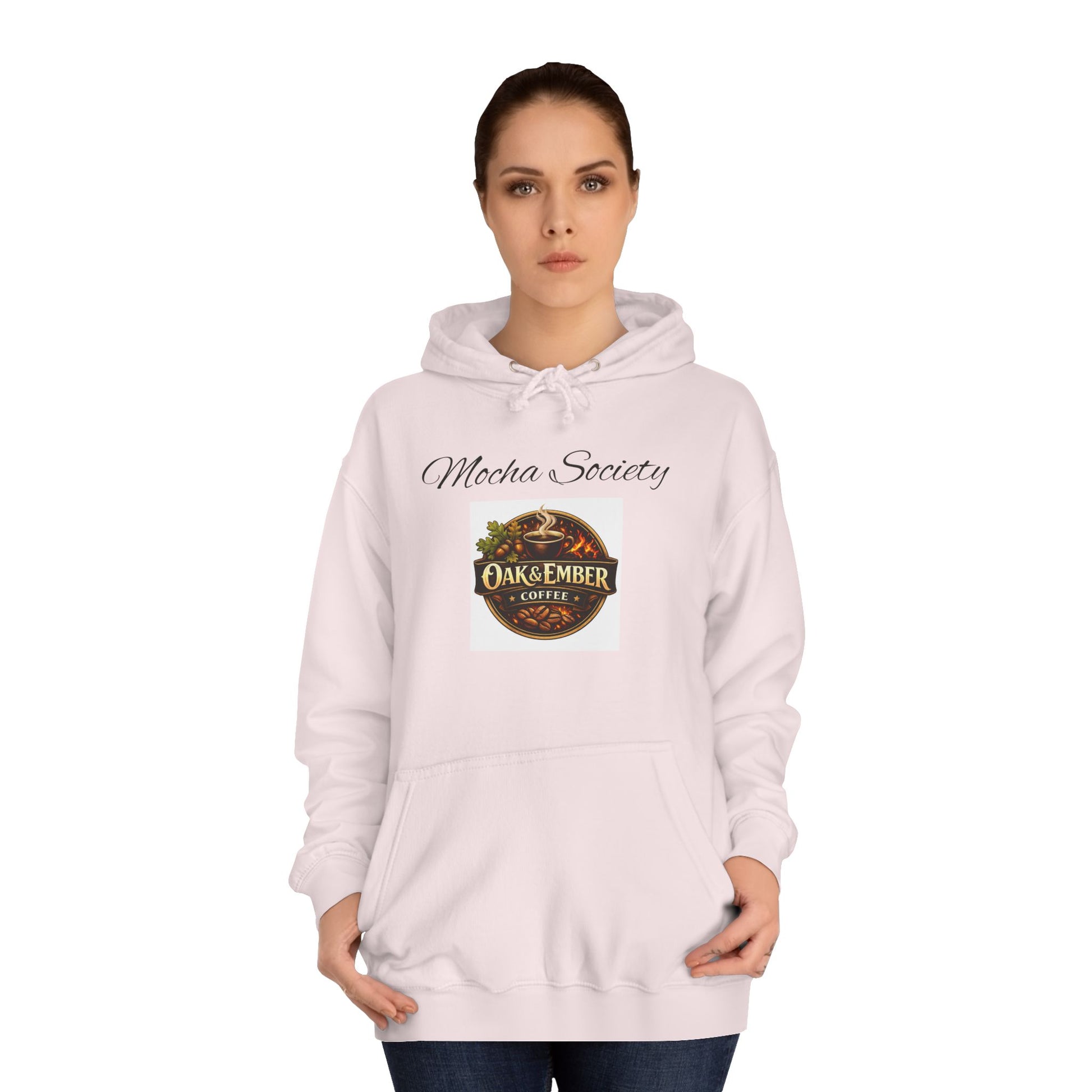 Person wearing a white hoodie with a graphic design and text on a white background