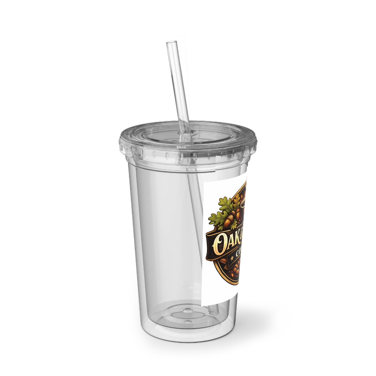 Oak & Ember Coffee Acrylic Tumbler — Clear Reusable Cup with Straw (16oz)