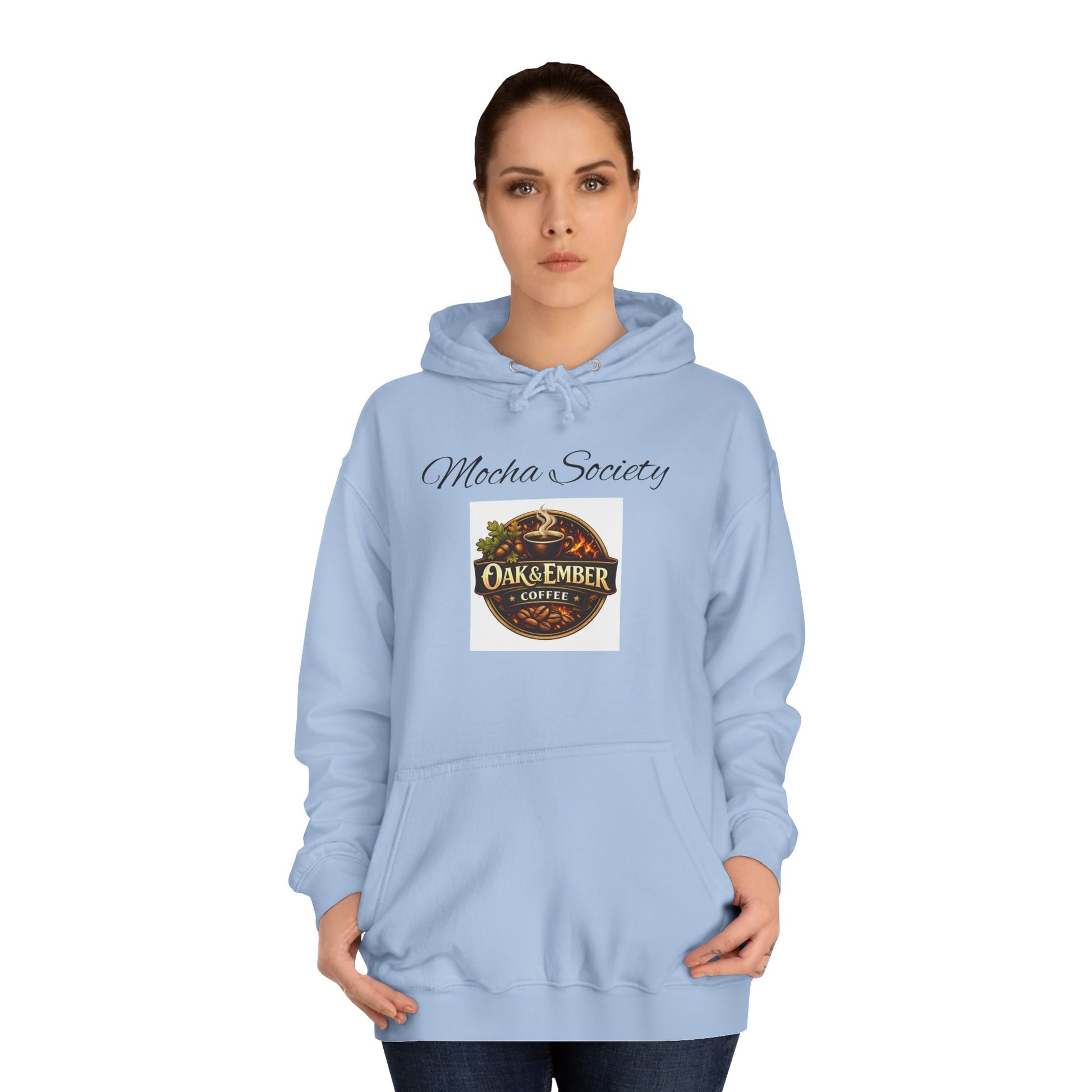 Light blue hoodie with 'Mecha Society' and 'Oak & Ember Coffee' logos worn by a person on a white background