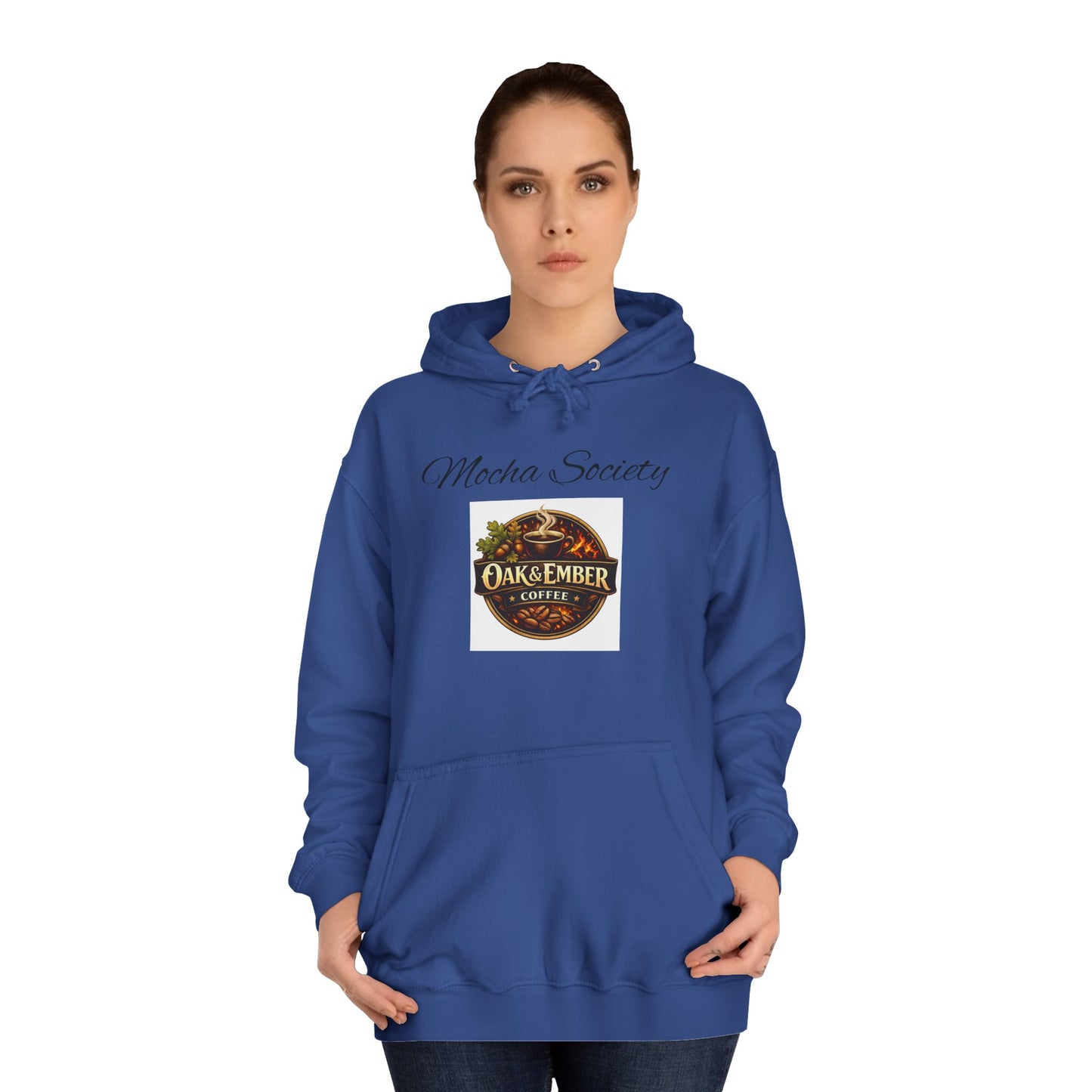 Woman wearing a blue hoodie with a gold crown and 'NO' design on a white background