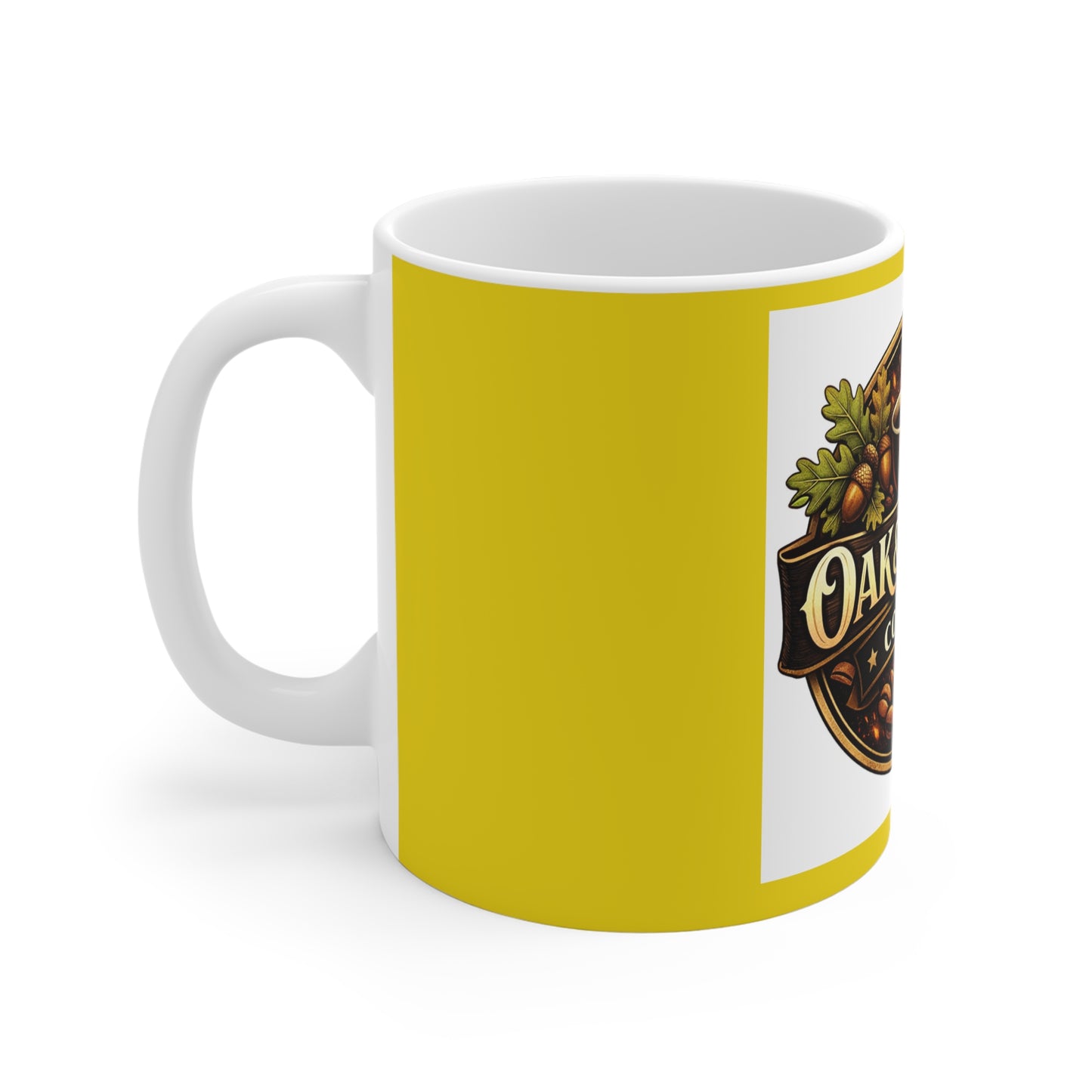 Oak & Ember Coffee Ceramic Mug — Rustic Coffee Logo Mug in Gold (11oz & 15oz)
