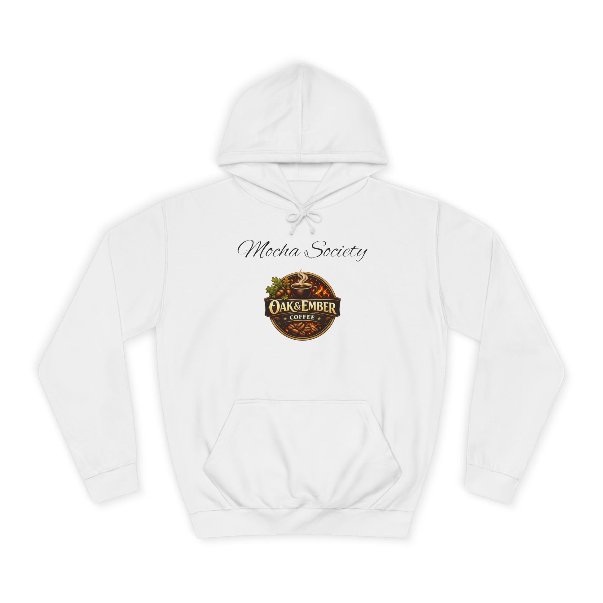 White hoodie with 'Mocha Society' and 'Oak & Ember Coffee' logos on a white background