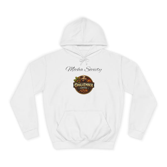 White hoodie with 'Mocha Society' and 'Oak & Ember Coffee' logos on a white background