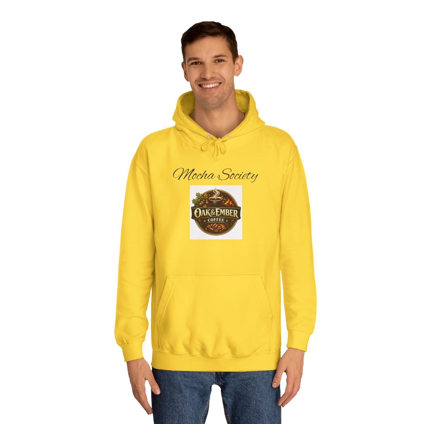 Person wearing a yellow hoodie with a logo and text on a white background