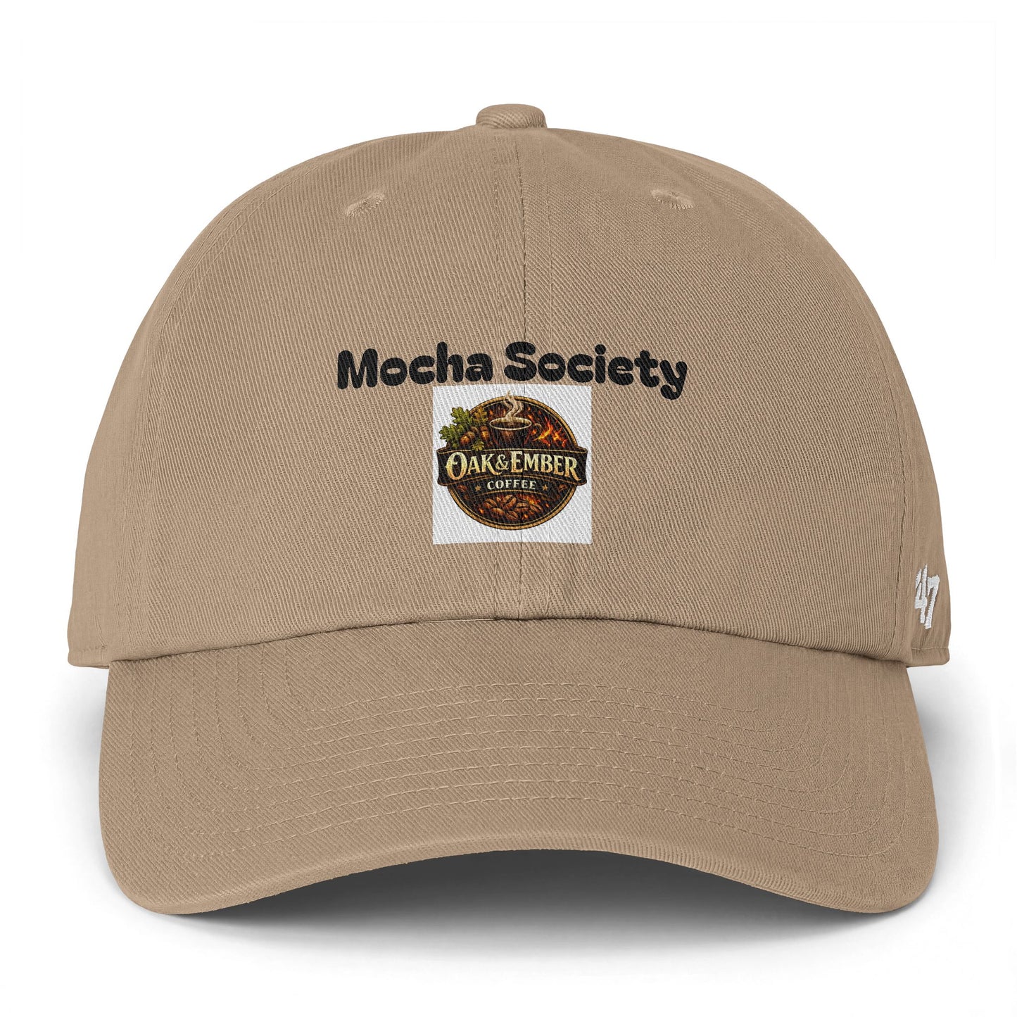 Beige cap with 'Mocha Society' text and 'Oak & Ember Coffee' logo on a white background