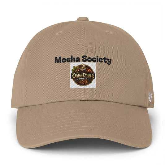 Beige cap with 'Mocha Society' text and 'Oak & Ember Coffee' logo on a white background