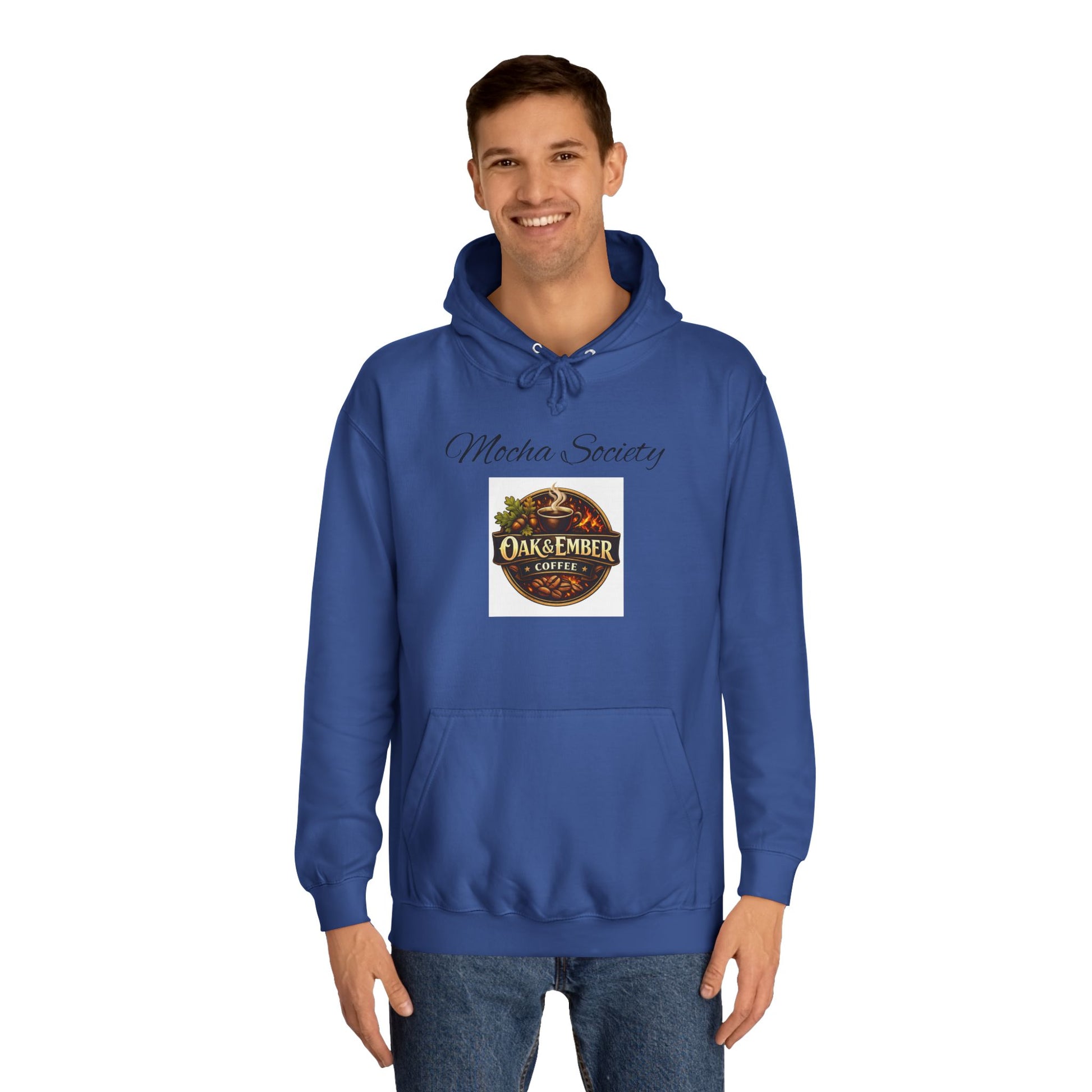 Person wearing a blue hoodie with text and a heart graphic on a white background