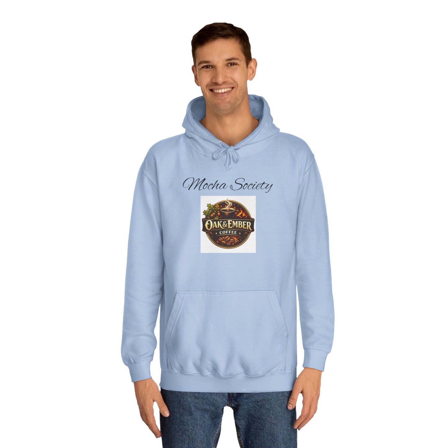 Man wearing a light blue hoodie with text design on a white background