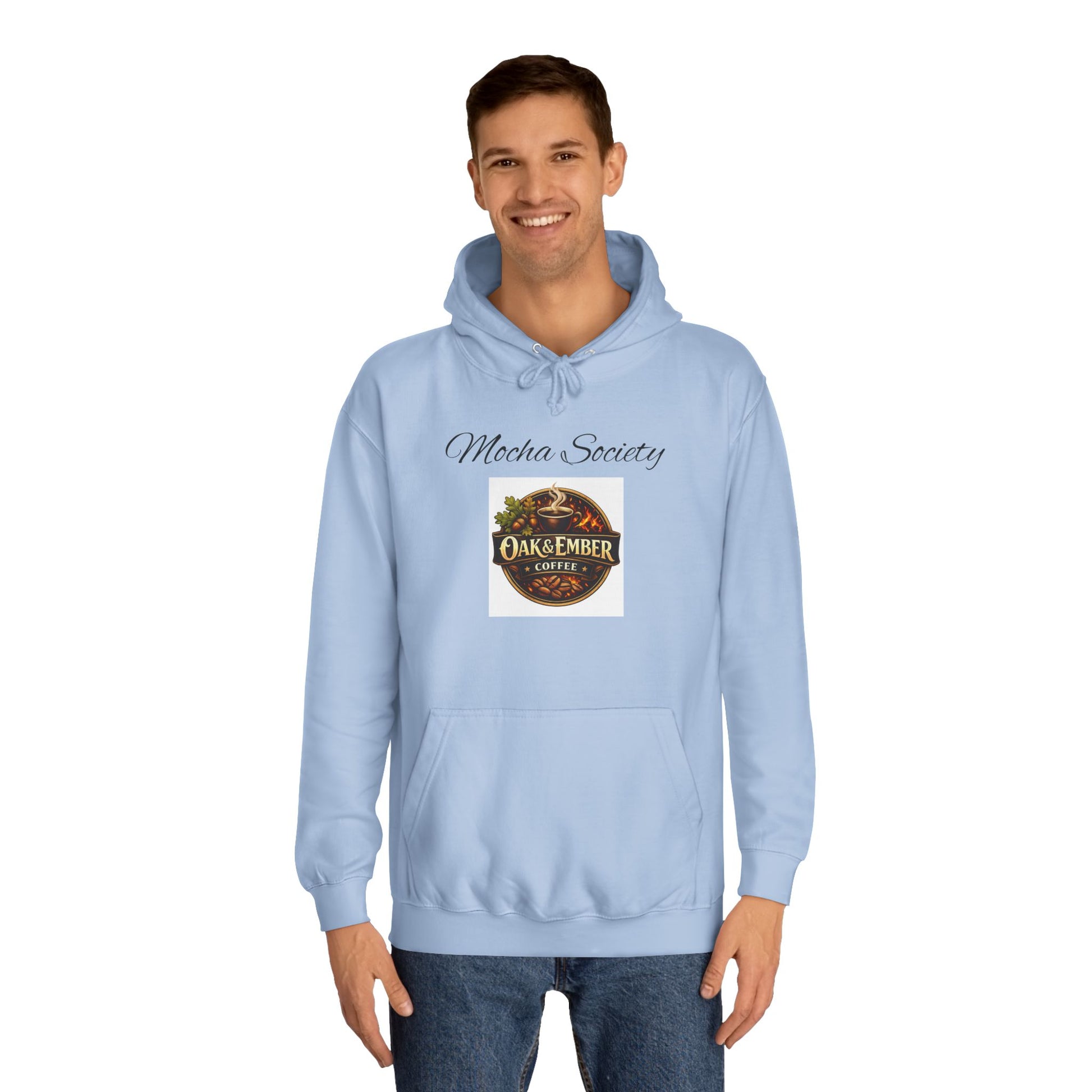Man wearing a light blue hoodie with text design on a white background