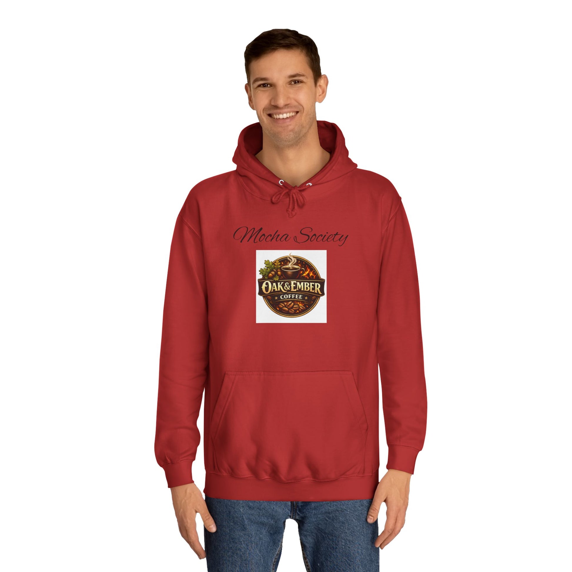 Man wearing a red hoodie with a graphic design on a white background