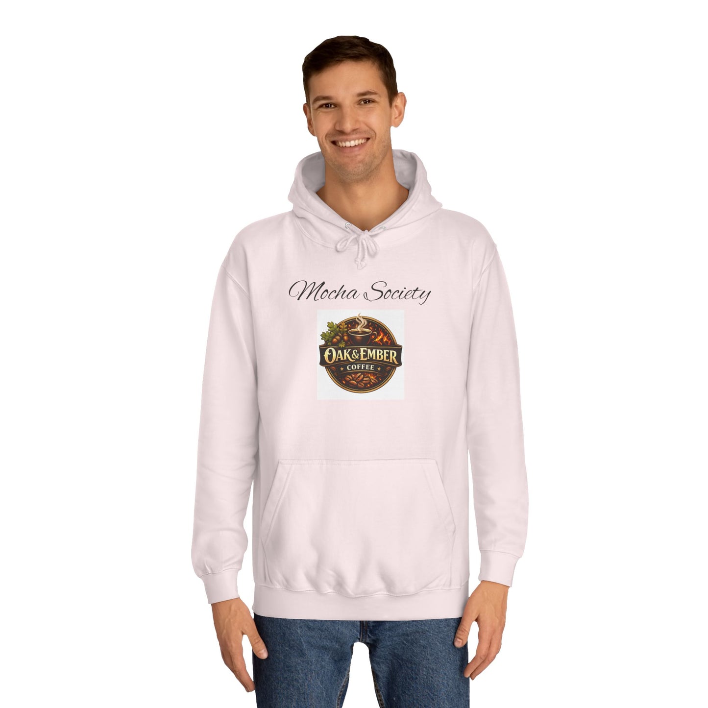 Man wearing a white hoodie with 'Mocha Society' and 'Oak Ember Coffee' logos on a white background